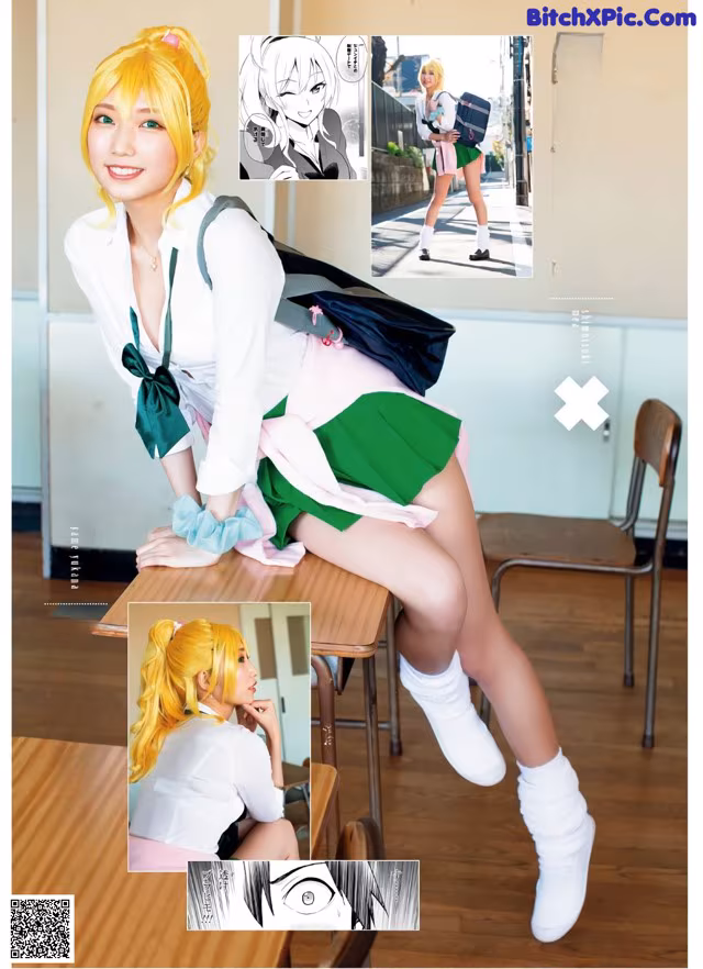 A woman in a school uniform is posing for a picture.